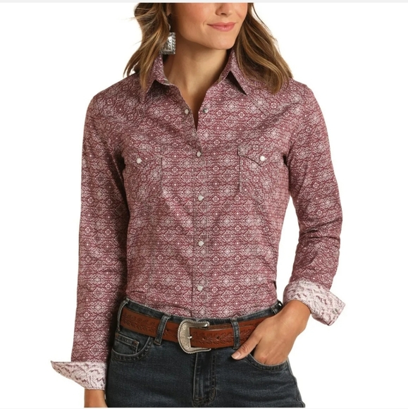 Panhandle Tops - Panhandle Rough Stock Ladies Medallion Print Long Sleeve Shirt Cowgirl Rodeo